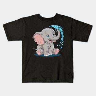 A Cute Baby Elephant Spraying Water With Its Trunk Looking Playful Kids T-Shirt